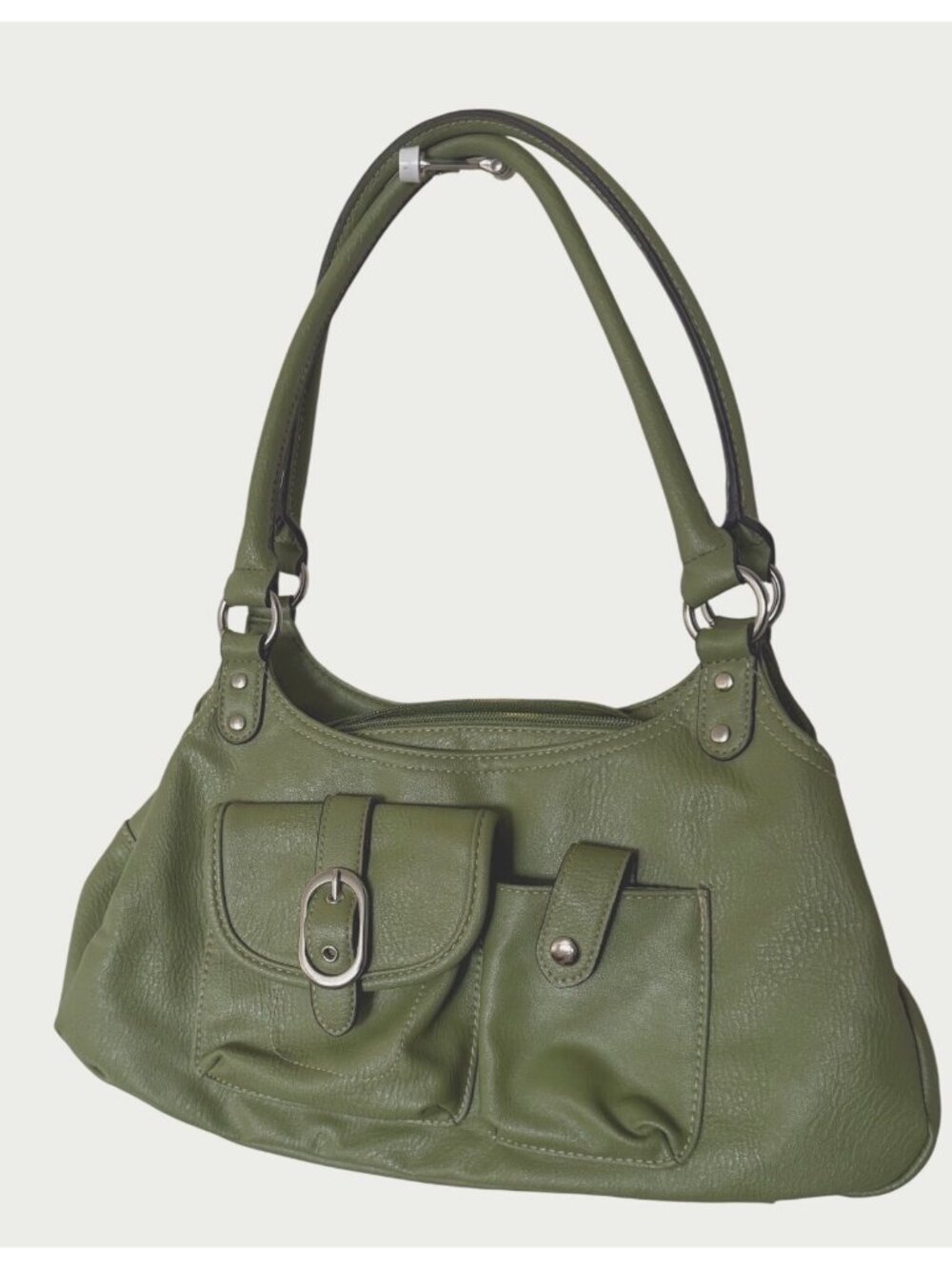 Merona Olive Green Faux Leather Shoulder Bag Gorgeous Bag w 2 Outer Pockets